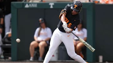 Tennessee utility Dalton Bargo (16) hits the ball during a NCAA baseball game between the Tennessee Volunteers and Vanderbilt Commodores at Lindsey Nelson Stadium on May 11, 2025.