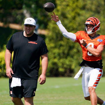 Cincinnati Bengals quarterback Joe Burrow (9) participates in drills during practice, Thursday, Sept. 5, 2024, at the Kettering Health Practice Fields outside of Paycor Stadium in Cincinnati.