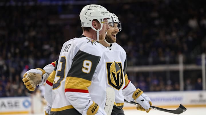 Feb 2, 2025; New York, New York, USA; Vegas Golden Knights center Jack Eichel (9) celebrates his goal against the New York Rangers with defenseman Shea Theodore (27) during the first period at Madison Square Garden. Mandatory Credit: Danny Wild-Imagn Images