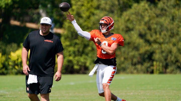 Cincinnati Bengals quarterback Joe Burrow (9) participates in drills during practice, Thursday, Sept. 5, 2024, at the Kettering Health Practice Fields outside of Paycor Stadium in Cincinnati.