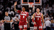 Jan 11, 2025; College Station, Texas, USA; Alabama Crimson Tide guards Labaron Philon (0) and Mark Sears (1) react after the final buzzer against the Texas A&M Aggies  at Reed Arena. Mandatory Credit: Erik Williams-Imagn Images