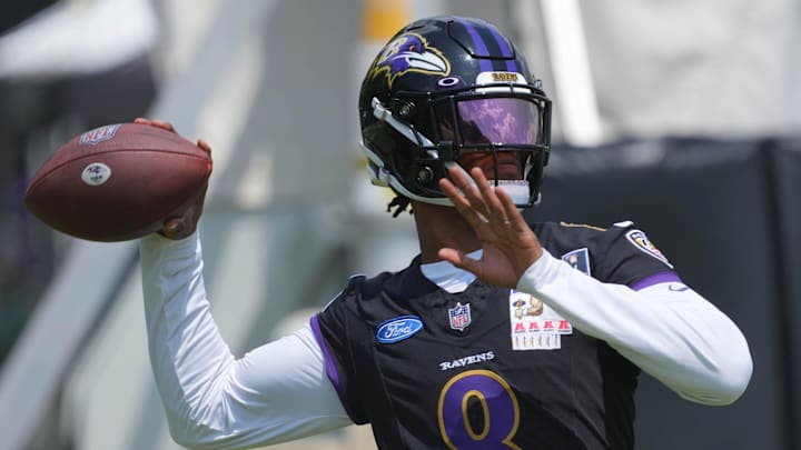 Jul 23, 2025; Owings Mills, MD, USA; Baltimore Ravens quarterback Lamar Jackson (8) warms up during training camp at Under Armour Performance Center. Mandatory Credit: Mitch Stringer-Imagn Images Jul 23, 2025; Owings Mills, MD, USA; Baltimore Ravens quarterback Lamar Jackson (8) warms up during training camp at Under Armour Performance Center. Mandatory Credit: Mitch Stringer-Imagn Images