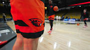Jan 7, 2023; Boulder, Colorado, USA; Detailed view of a Oregon State Beavers logo prior to the game against the Colorado Buffaloes at CU Events Center. Mandatory Credit: Ron Chenoy-Imagn Images