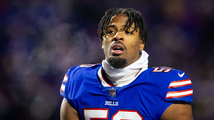 Jan 21, 2024; Orchard Park, New York, USA; Buffalo Bills defensive end Greg Rousseau (50) against the Kansas City Chiefs in the 2024 AFC divisional round game at Highmark Stadium. Mandatory Credit: Mark J. Rebilas-USA TODAY Sports
