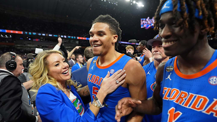Apr 7, 2025; San Antonio, TX, USA; Florida Gators guard Will Richard (5) celebrates after winning the national championship game of the Final Four of the 2025 NCAA Tournament at the Alamodome. Mandatory Credit: Bob Donnan-Imagn Images