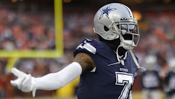 Jan 8, 2023; Landover, Maryland, USA; Dallas Cowboys cornerback Trevon Diggs (7) gestures on the field during warmups prior to the Cowboys' game against the Washington Commanders at FedExField. Mandatory Credit: Geoff Burke-Imagn Images