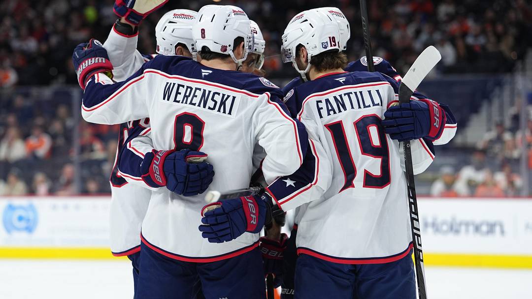 Mar 24, 2026; Philadelphia, Pennsylvania, USA; Columbus Blue Jackets defenseman Zach Werenski (8) celebrates with teammates after scoring a goal against the Philadelphia Flyers in the second period at Xfinity Mobile Arena. Mandatory Credit: Kyle Ross-Imagn Images