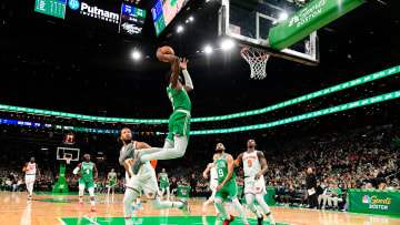 Dec 8, 2023; Boston, Massachusetts, USA;  Boston Celtics guard Jaylen Brown (7) leaps to the basket