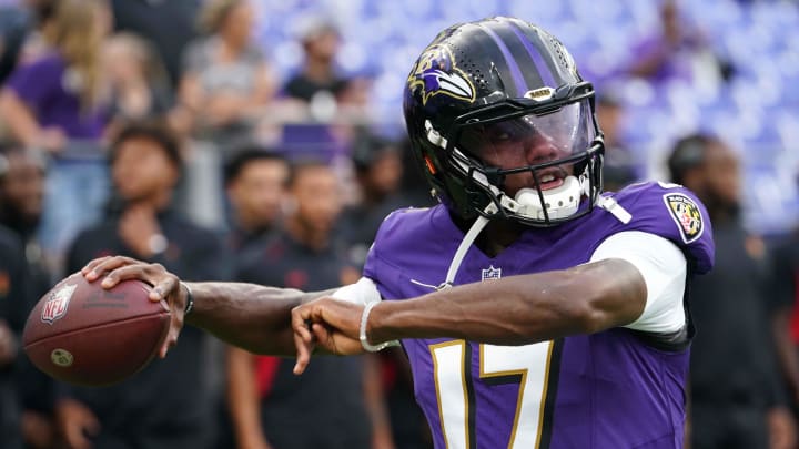 Aug 9, 2024; Baltimore, Maryland, USA; Baltimore Ravens quarterback Josh Johnson (17) warms up prior to the game against the Philadelphia Eagles at M&T Bank Stadium. Mandatory Credit: Mitch Stringer-USA TODAY Sports