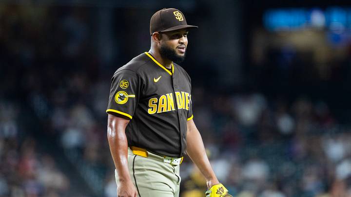 Aug 4, 2026; Phoenix, Arizona, USA; San Diego Padres pitcher Randy Vasquez against the Arizona Diamondbacks at Chase Field. Mandatory Credit: Mark J. Rebilas-Imagn Images