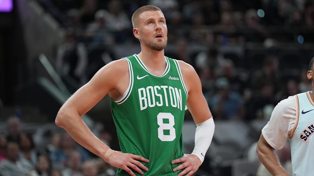 Mar 29, 2025; San Antonio, Texas, USA;  Boston Celtics center Kristaps Porzingis (8) looks up in the first half against the San Antonio Spurs at Frost Bank Center. Mandatory Credit: Daniel Dunn-Imagn Images