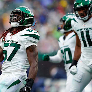 New York Jets linebacker C.J. Mosley (57) reacts after a tackle against the New England Patriots in the second half. The Jets lose to the Patriots, 15-10, at MetLife Stadium on Sunday, Sept. 24, 2023, in East Rutherford.