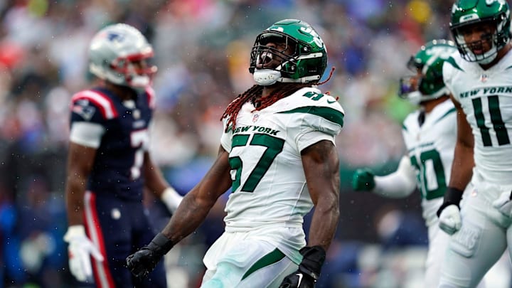 New York Jets linebacker C.J. Mosley (57) reacts after a tackle against the New England Patriots in the second half. The Jets lose to the Patriots, 15-10, at MetLife Stadium on Sunday, Sept. 24, 2023, in East Rutherford.