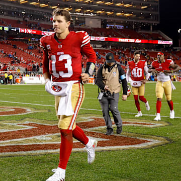 Dec 30, 2024; Santa Clara, California, USA; San Francisco 49ers quarterback Brock Purdy (13) during the game against the Detroit Lions at Levi's Stadium. Mandatory Credit: Sergio Estrada-Imagn Images