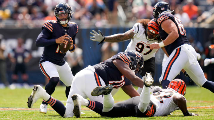 Caleb Williams looks downfield for options against the Bengals. The rookie QB holds the key for a first winning Bears season since 2018.