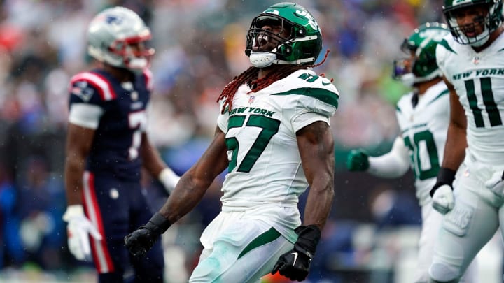 New York Jets linebacker C.J. Mosley (57) reacts after a tackle against the New England Patriots in the second half. The Jets lose to the Patriots, 15-10, at MetLife Stadium on Sunday, Sept. 24, 2023, in East Rutherford.