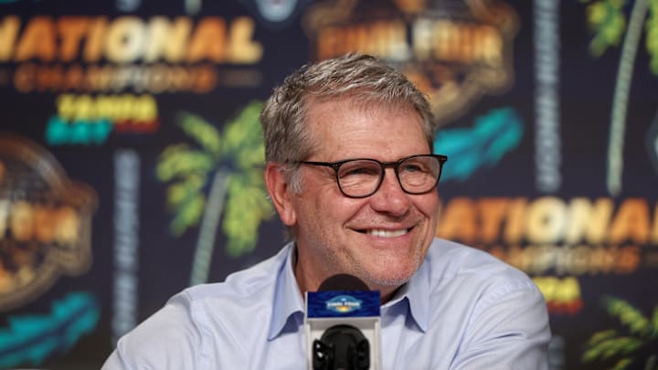 Connecticut Huskies head coach Geno Auriemma speaks to the media after the national championship of the women's 2025 NCAA tournament against the South Carolina Gamecocks at Amalie Arena.