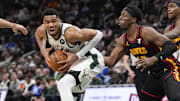 Mar 30, 2025; Milwaukee, Wisconsin, USA;  Milwaukee Bucks forward Giannis Antetokounmpo (34) drives for the basket during the second quarter against the Atlanta Hawks at Fiserv Forum. Mandatory Credit: Jeff Hanisch-Imagn Images