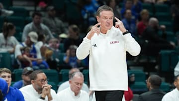 Nov 26, 2025; Las Vegas, NV, USA; Kansas Jayhawks head coach Bill Self reacts in the first half against the Tennessee Volunteers in the 2025 Players Era Festival third place game at MGM Grand Garden Arena. Mandatory Credit: Kirby Lee-Imagn Images