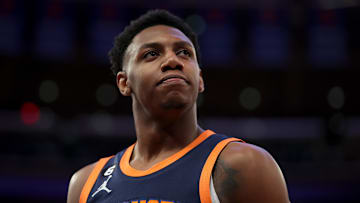 Feb 27, 2023; New York, New York, USA; New York Knicks guard RJ Barrett (9) reacts during the second quarter against the Boston Celtics at Madison Square Garden. Mandatory Credit: Brad Penner-Imagn Images
