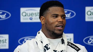 New York Giants linebacker Abdul Carter (51) speaks to the press at the Quest Diagnostic Training Center, Sunday, July 27, 2025, in East Rutherford.