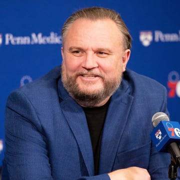 Dec 15, 2023; Philadelphia, Pennsylvania, USA; Philadelphia 76ers resident of Basketball Operations Daryl Morey speaks with the media before a game against the Detroit Pistons at Wells Fargo Center. Mandatory Credit: Bill Streicher-USA TODAY Sports