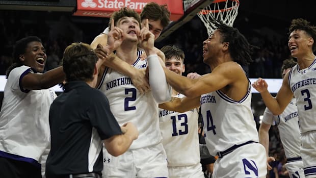 Northwestern Wildcats forward Nick Martinelli celebrates his game winning basket against the Maryland Terrapins on 1/16/2025.