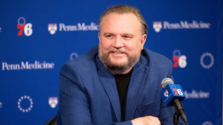 Dec 15, 2023; Philadelphia, Pennsylvania, USA; Philadelphia 76ers resident of Basketball Operations Daryl Morey speaks with the media before a game against the Detroit Pistons at Wells Fargo Center. Mandatory Credit: Bill Streicher-USA TODAY Sports