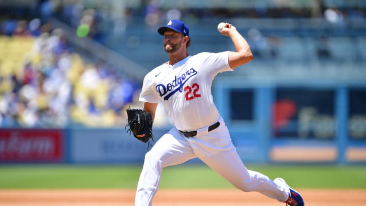 Jul 25, 2024; Los Angeles, California, USA; Los Angeles Dodgers starting pitcher Clayton Kershaw (22) throws against the San Francisco Giants during the fourth inning at Dodger Stadium. Mandatory Credit: Gary A. Vasquez-USA TODAY Sports