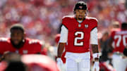 Nov 30, 2025; Tampa, Florida, USA; Tampa Bay Buccaneers wide receiver Emeka Egbuka (2) before a game against the Arizona Cardinals at Raymond James Stadium. Mandatory Credit: Nathan Ray Seebeck-Imagn Images