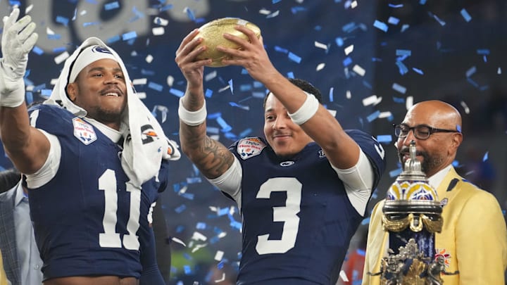 Penn State Nittany Lions teammates Abdul Carter (11) and Jalen Kimber (3)