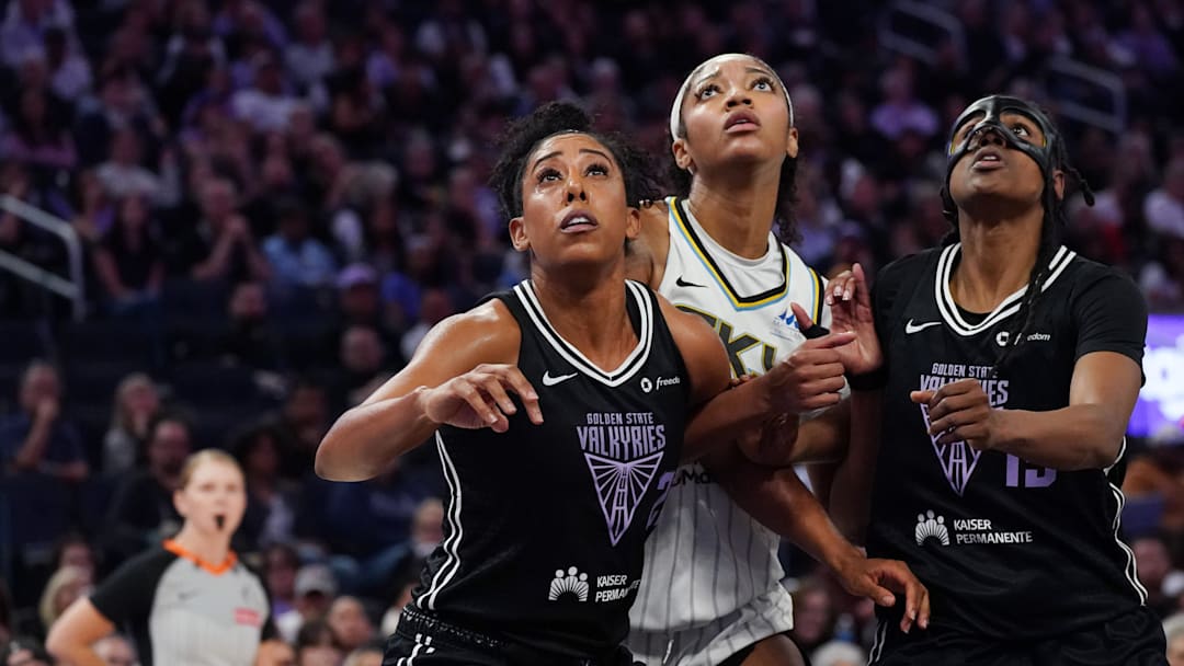 Golden State Valkyries forward Monique Billings (25) and guard Tiffany Hayes (15) box out Chicago Sky forward Angel Reese (5) at Chase Center. 