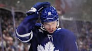May 18, 2025; Toronto, Ontario, CAN; Toronto Maple Leafs forward Mitch Marner (16) adjusts his helmet after a play against the Florida Panthers during the first period of game seven of the second round of the 2025 Stanley Cup Playoffs at Scotiabank Arena. 