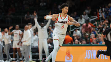 Jan 11, 2025; Coral Gables, Florida, USA; Miami Hurricanes guard Jalil Bethea (3) reacts after scoring against the Wake Forest Demon Deacons during the second half at Watsco Center. Mandatory Credit: Sam Navarro-Imagn Images