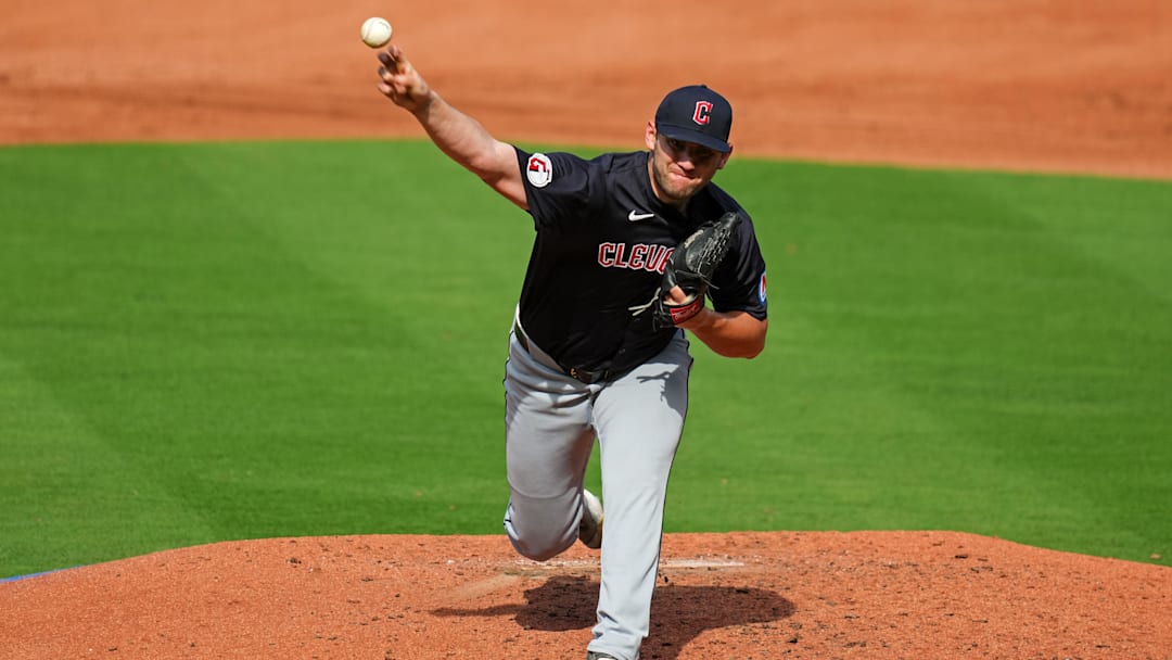 Sep 2, 2024; Kansas City, Missouri, USA; Cleveland Guardians starting pitcher Gavin Williams (32) pitches during the third inning against the Kansas City Royals at Kauffman Stadium.