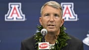 Jul 10, 2024; Las Vegas, NV, USA; Arizona Wildcats head coach Brent Brennan speaks to the media during the Big 12 Media Days at Allegiant Stadium