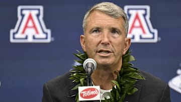 Jul 10, 2024; Las Vegas, NV, USA; Arizona Wildcats head coach Brent Brennan speaks to the media during the Big 12 Media Days at Allegiant Stadium