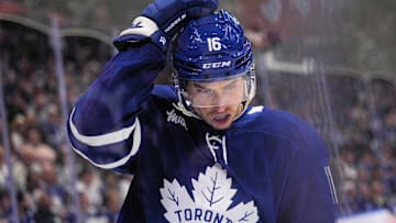 May 18, 2025; Toronto, Ontario, CAN; Toronto Maple Leafs forward Mitch Marner (16) adjusts his helmet after a play against the Florida Panthers during the first period of game seven of the second round of the 2025 Stanley Cup Playoffs at Scotiabank Arena. Mandatory Credit: John E. Sokolowski-Imagn Images