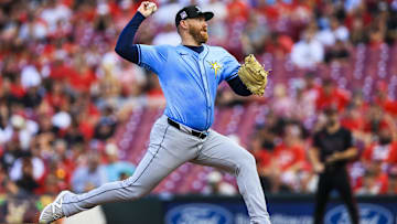 Jul 25, 2025; Cincinnati, Ohio, USA; Tampa Bay Rays starting pitcher Zack Littell (52) pitches against the Cincinnati Reds in the first inning at Great American Ball Park. Mandatory Credit: Katie Stratman-Imagn Images
