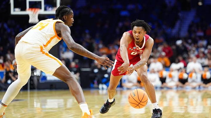 Mar 20, 2026; Philadelphia, PA, USA; Miami (OH) RedHawks forward Eian Elmer (0) passes the ball as Tennessee Volunteers center Felix Okpara (34) defends during the second half during a first round game of the men's 2026 NCAA Tournament at Xfinity Mobile Arena. Mandatory Credit: Kyle Ross-Imagn Images