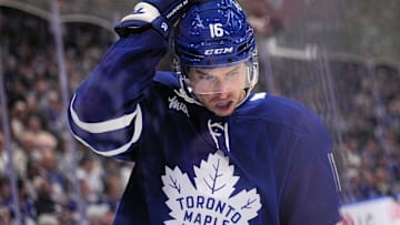 May 18, 2025; Toronto, Ontario, CAN; Toronto Maple Leafs forward Mitch Marner (16) adjusts his helmet after a play against the Florida Panthers during the first period of game seven of the second round of the 2025 Stanley Cup Playoffs at Scotiabank Arena. Mandatory Credit: John E. Sokolowski-Imagn Images
