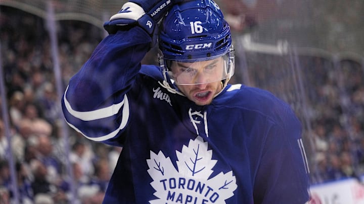 May 18, 2025; Toronto, Ontario, CAN; Toronto Maple Leafs forward Mitch Marner (16) adjusts his helmet after a play against the Florida Panthers during the first period of game seven of the second round of the 2025 Stanley Cup Playoffs at Scotiabank Arena. Mandatory Credit: John E. Sokolowski-Imagn Images