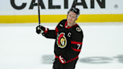 May 1, 2025; Ottawa, Ontario, CAN; Ottawa Senators left wing Brady Tkachuk (7) acknowledges the crowd following the team loss against the Toronto Maple Leafs in game six of the first round of the 2025 Stanley Cup Playoffs at Canadian Tire Centre. Mandatory Credit: Marc DesRosiers-Imagn Images