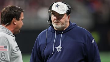 Nov 3, 2024; Atlanta, Georgia, USA; Dallas Cowboys head coach Mike McCarthy on the field against the Atlanta Falcons in the fourth quarter at Mercedes-Benz Stadium. Mandatory Credit: Brett Davis-Imagn Images