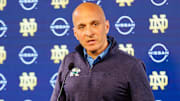 Pete Bevacqua, athletic director for the University of Notre Dame, announces Pat Garrity as the new men's and women's basketball general manager, during a press conference at Notre Dame Stadium on Thursday, May 22, 2025, in South Bend.