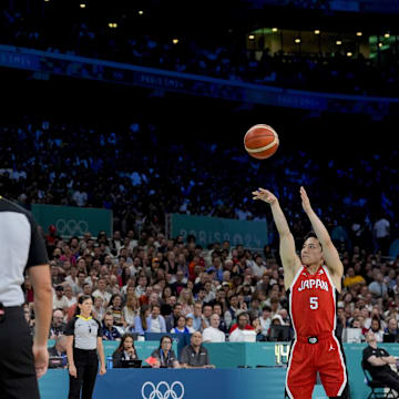 Jul 27, 2024; Villeneuve-d'Ascq, France; Japan point guard Yuki Kawamura (5) shoots a free throw during the Paris 2024 Olympic Summer Games at Stade Pierre-Mauroy. 