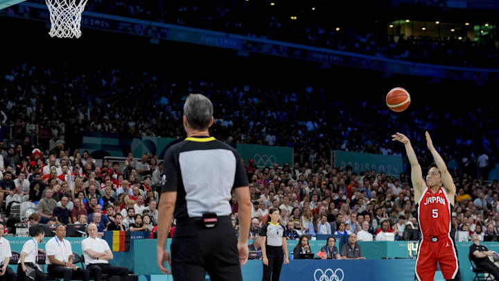 Jul 27, 2024; Villeneuve-d'Ascq, France; Japan point guard Yuki Kawamura (5) shoots a free throw during the Paris 2024 Olympic Summer Games at Stade Pierre-Mauroy. 