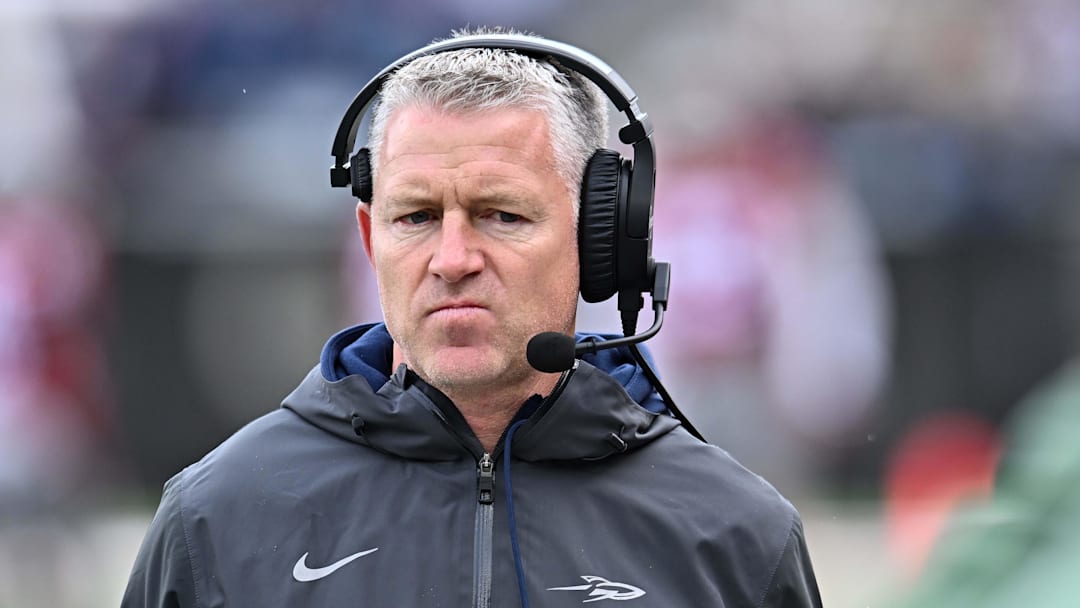 Oct 25, 2025; Pullman, Washington, USA; Toledo Rockets head coach Jason Candle walks the side line against the Washington State Cougars in the first half at Gesa Field at Martin Stadium. Mandatory Credit: James Snook-Imagn Images