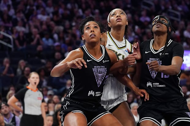 Golden State Valkyries forward Monique Billings, guard Tiffany Hayes and Chicago Sky forward Angel Reese