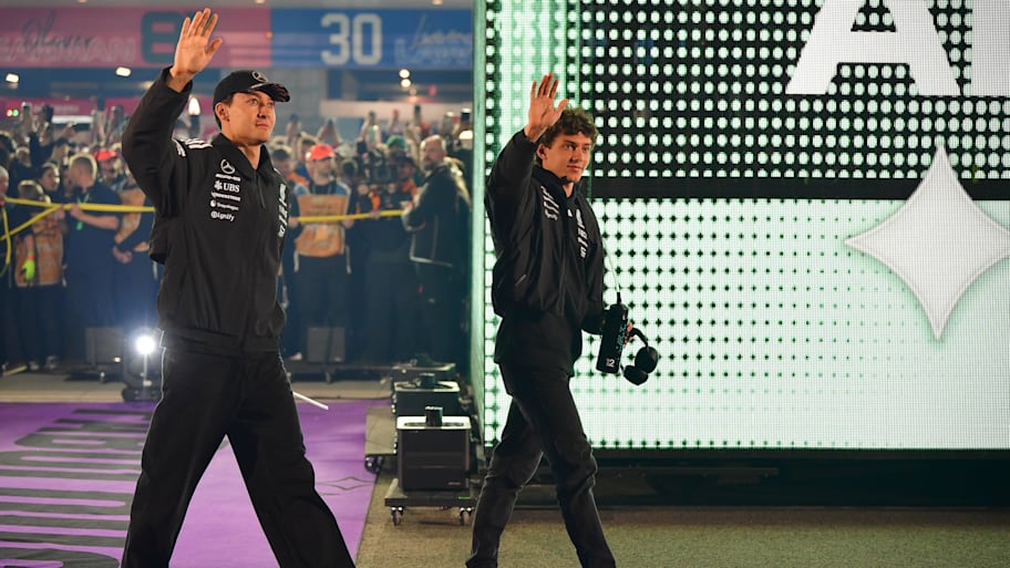 Mercedes driver George Russell and driver Andrea Kimi Antonelli are introduced before the Las Vegas Grand Prix